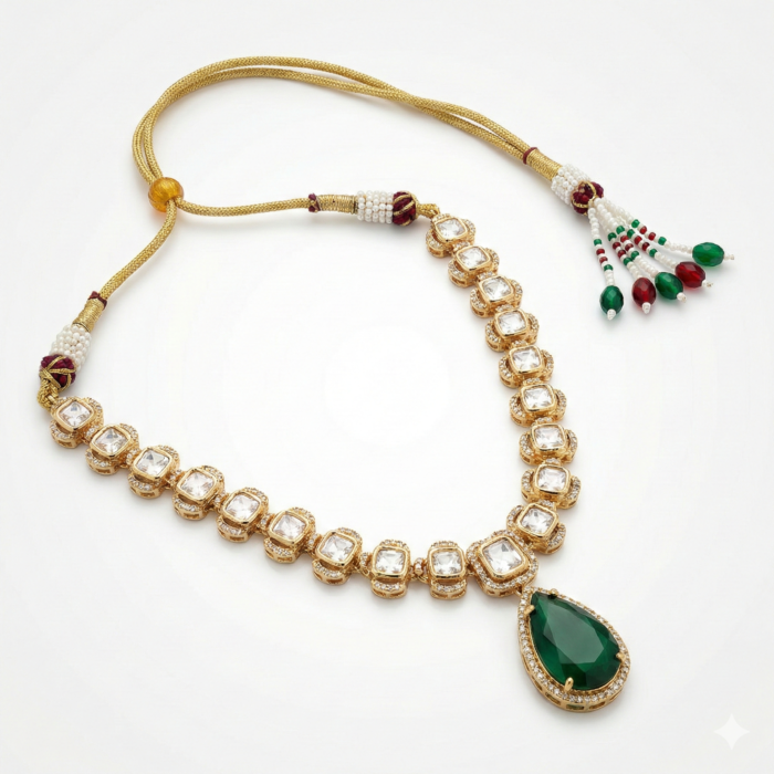 Emerald & Polki Style Gold-Toned Choker Necklace - Studio Shot