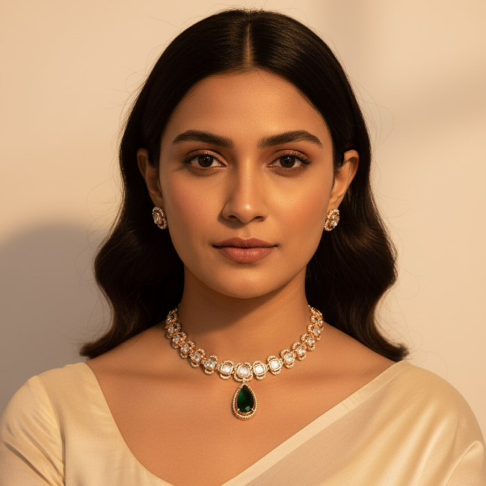 Emerald & Polki Style Gold-Toned Choker Necklace - Model Shot