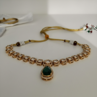 Emerald & Polki Style Gold-Toned Choker Necklace – Front Shot Emerald & Polki Style Gold-Toned Choker Necklace - Front Shot