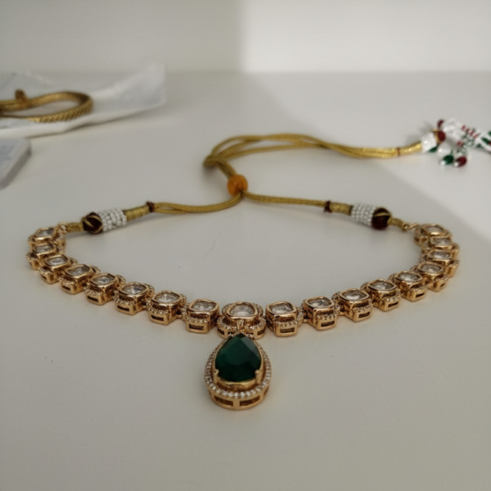 Emerald & Polki Style Gold-Toned Choker Necklace - Front Shot