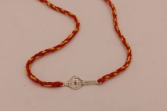 Divine Gada Rakhi (Sterling Silver 925) in Auspicious Kalawa Thread Divine Gada Rakhi (Sterling Silver 925) in Auspicious Kalawa Thread
