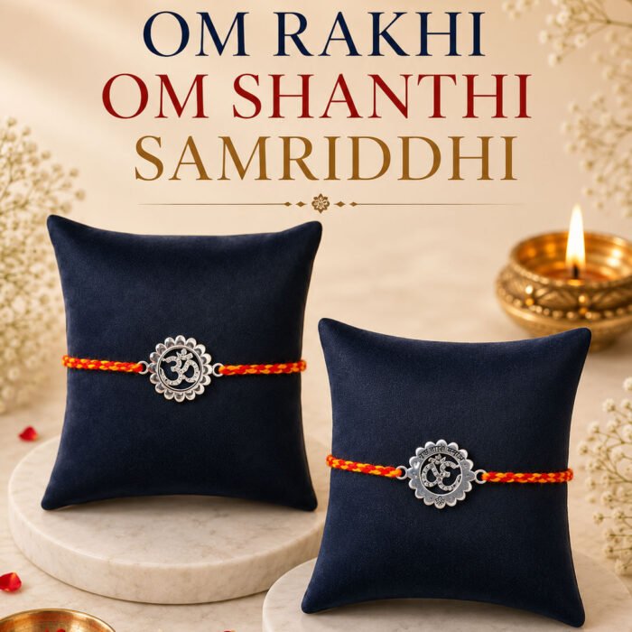 Divine Om Rakhi (Sterling Silver 925) in Auspicious Kalawa Divine Om Rakhi (Sterling Silver 925) in Auspicious Kalawa