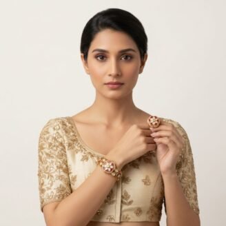 Gold And Red Regal Kundan Tourmaline Floral Bangle