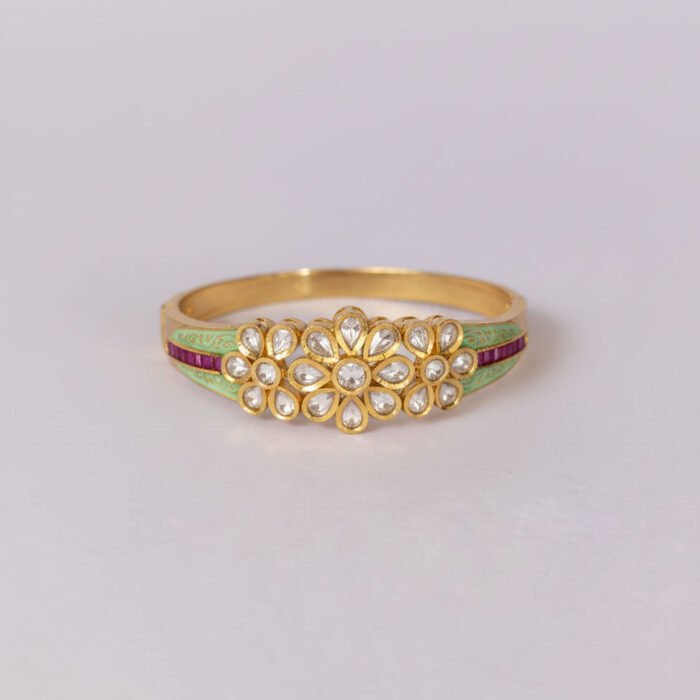 Gold Exquisite Kundan Floral And Mint Enamel Bangle With Ruby Accents Gold Exquisite Kundan Floral And Mint Enamel Bangle With Ruby Accents