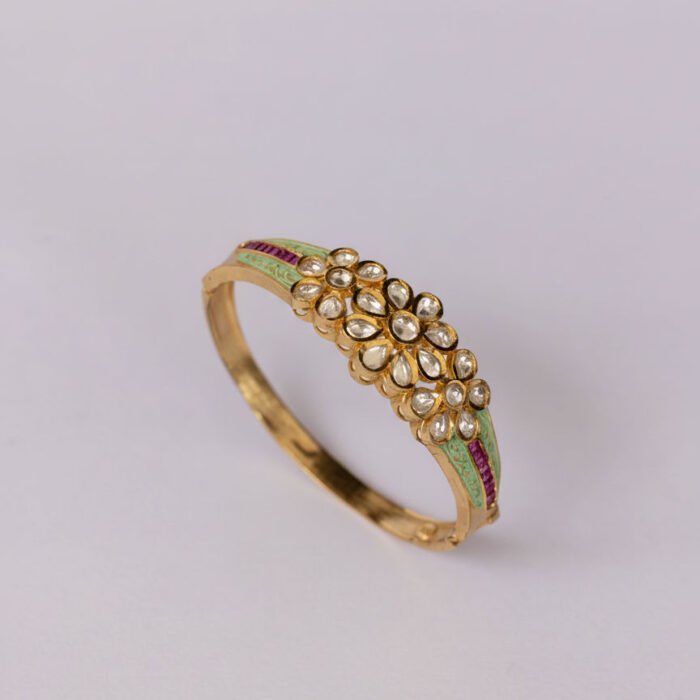 Gold Exquisite Kundan Floral And Mint Enamel Bangle With Ruby Accents Gold Exquisite Kundan Floral And Mint Enamel Bangle With Ruby Accents