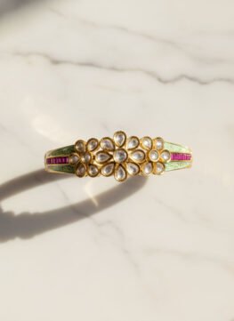 Gold Exquisite Kundan Floral And Mint Enamel Bangle With Ruby Accents Gold Exquisite Kundan Floral And Mint Enamel Bangle With Ruby Accents