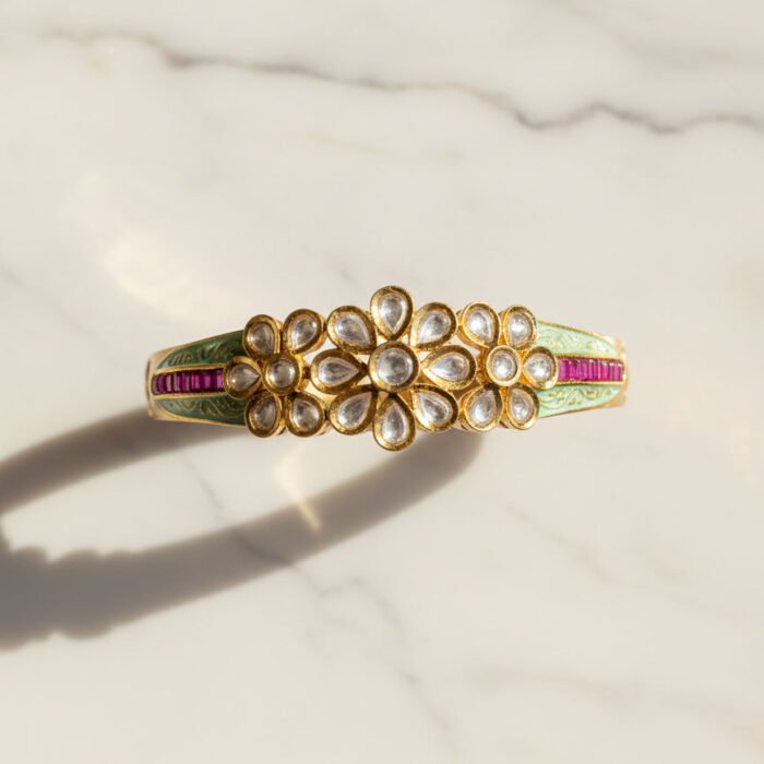 Gold Exquisite Kundan Floral And Mint Enamel Bangle With Ruby Accents Gold Exquisite Kundan Floral And Mint Enamel Bangle With Ruby Accents