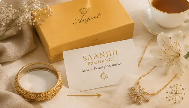 Saanjhi Exchange card with an Anjori gift box, gold bangle and necklace