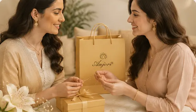 Two women sharing Anjori jewellery with a gift bag and gift box